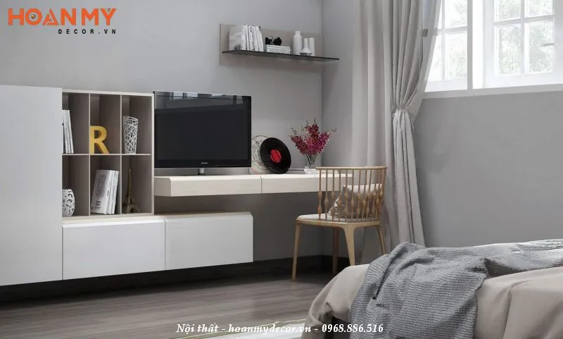 Thiết kế kệ tivi kết hợp bàn làm việc thẩm mỹ