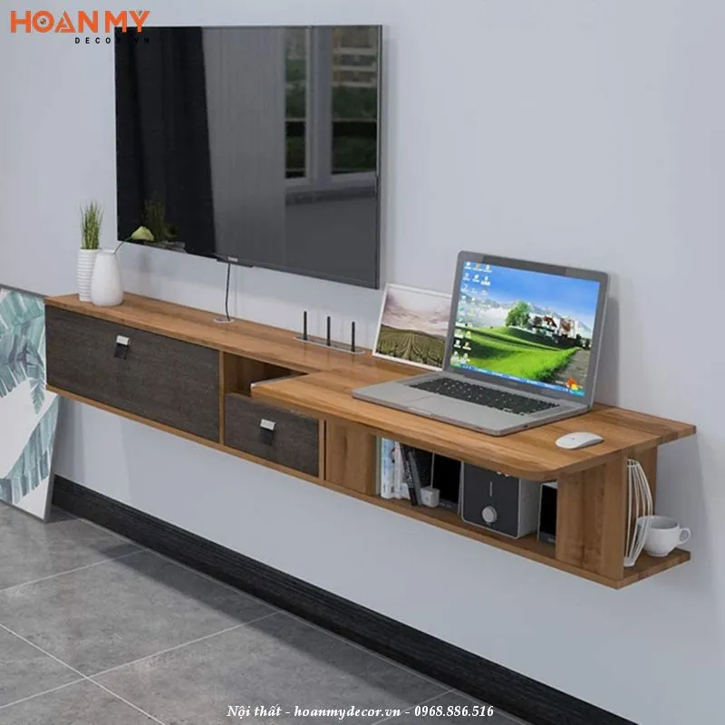 Mẫu kệ tivi kết hợp bàn học treo tường