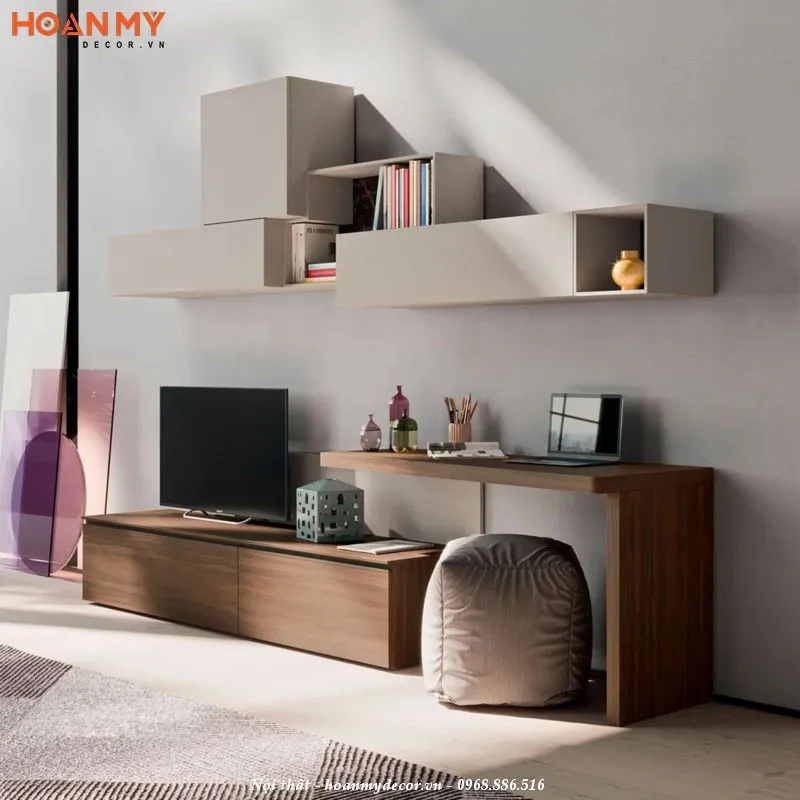 Bố trí bàn làm việc kết hợp kệ tivi đa năng