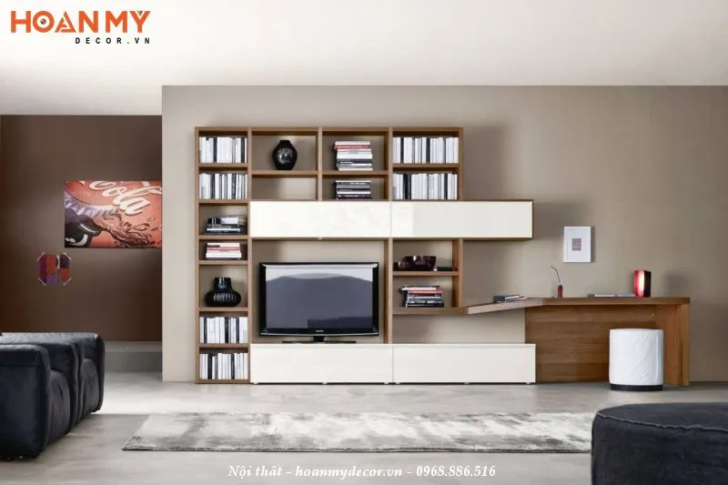 Mẫu kệ tivi kết hợp bàn làm việc với giá sách tích hợp thông minh