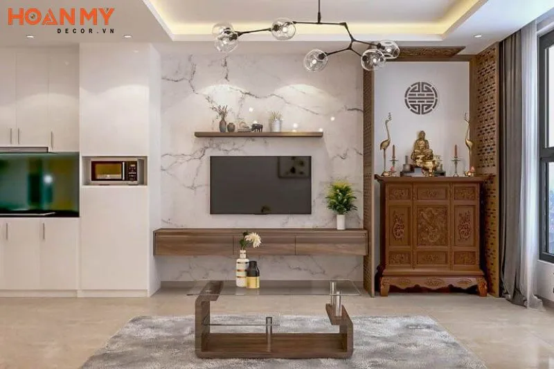 Tủ thờ sử dụng vách ngăn cạnh kệ tivi sang trọng và tối ưu không gian
