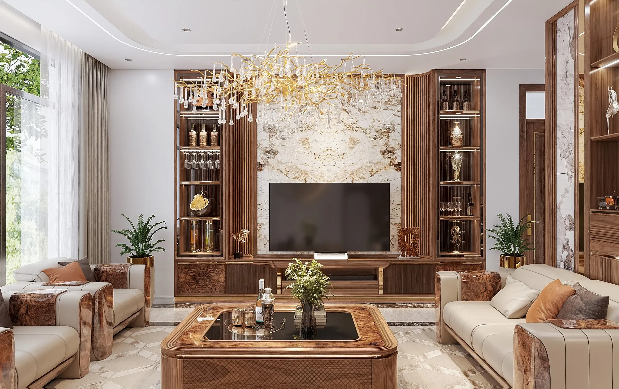 Kệ tivi kết hợp tủ rượu hiện đại với đèn led tầng và mặt ốp lam sóng giả gỗ vát cong