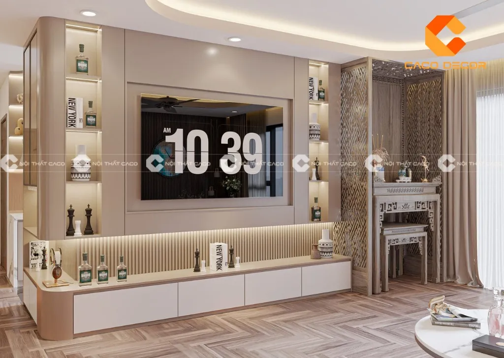 Kệ tivi kết hợp bàn thờ là một xu hướng mới được nhiều gia đình lựa chọn