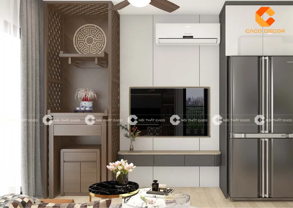 Vị trí đặt kệ tivi kết hợp tủ thờ chuẩn chỉnh giúp thông thoáng cho phòng khách