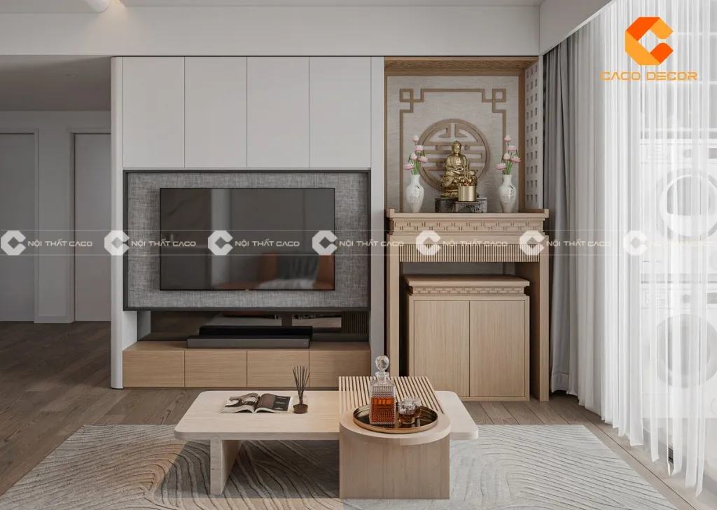 Tủ tivi kết hợp bàn thờ với màu gỗ tự nhiên tạo cảm giác mộc mạc ấm cúng