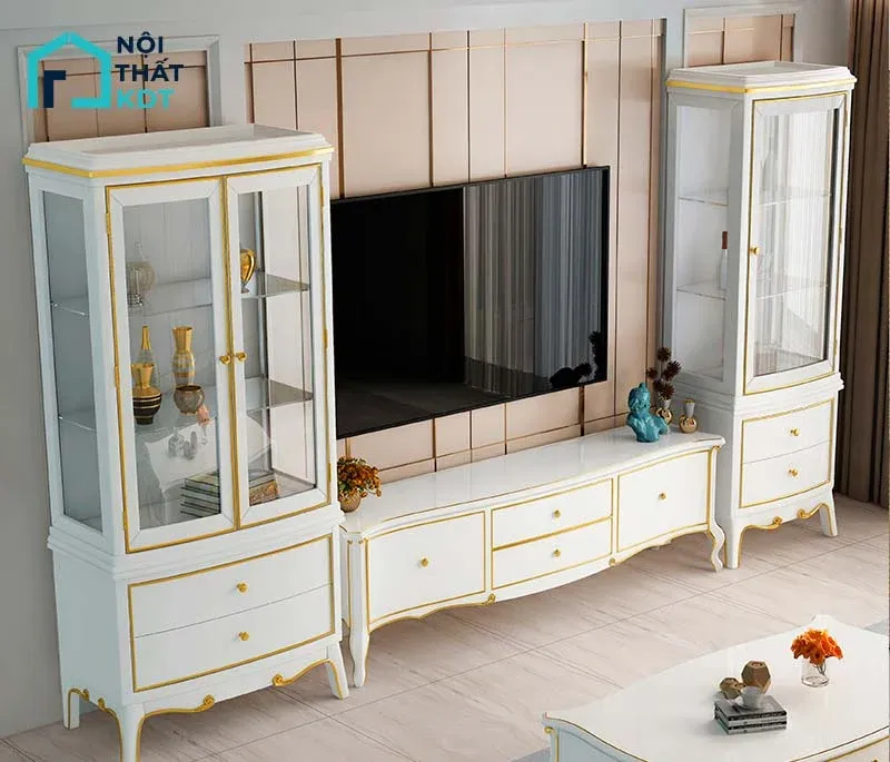 Kệ tivi tân cổ điển với những đường chỉ vàng tinh xảo cho không gian biệt thự