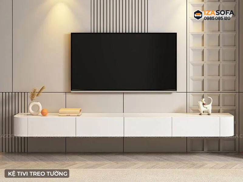 Thiết kế kệ tivi treo tường màu trắng tạo vẻ sạch sẽ và thông thoáng