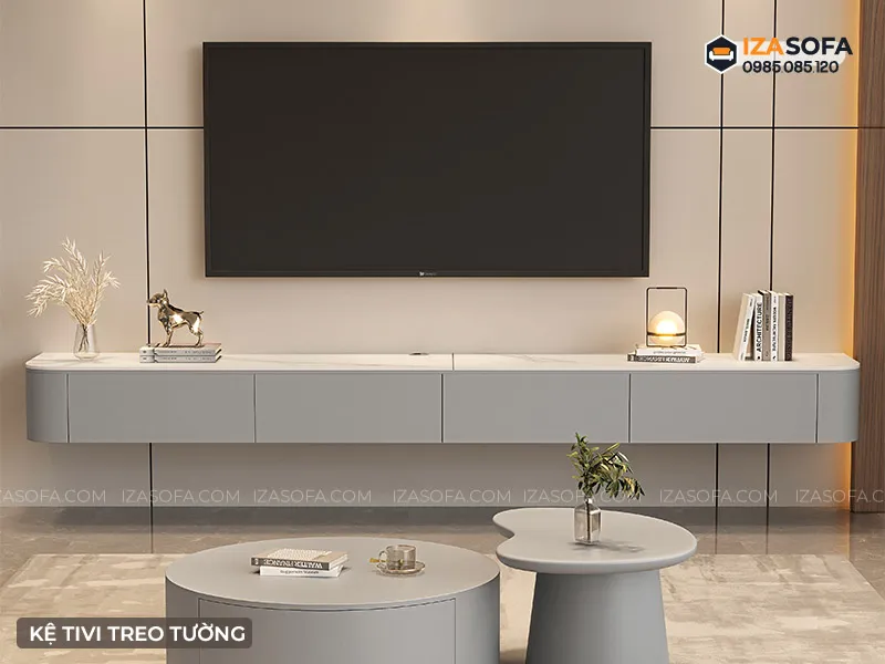 Kệ tivi treo tường màu xám thời thượng cho phòng khách phong cách Nordic