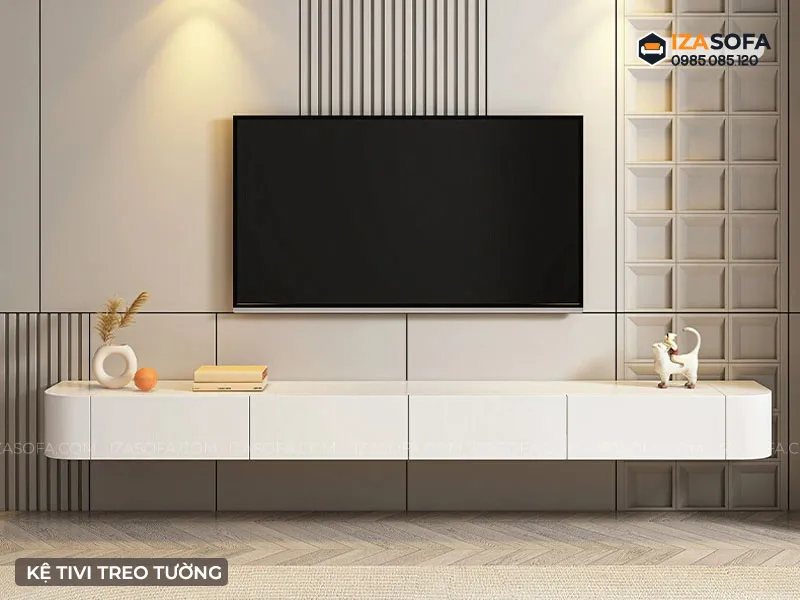Kệ tivi treo tường phòng khách bằng gỗ MDF phủ Melamine cao cấp chống trầy xước và ẩm mốc