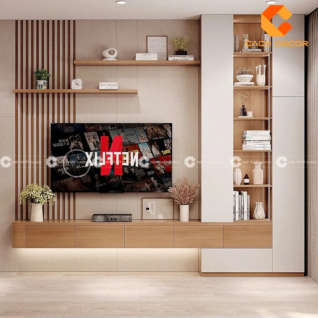 Hiệu ứng ánh sáng giúp mẫu thiết kế kệ tivi phòng khách trở nên lung linh