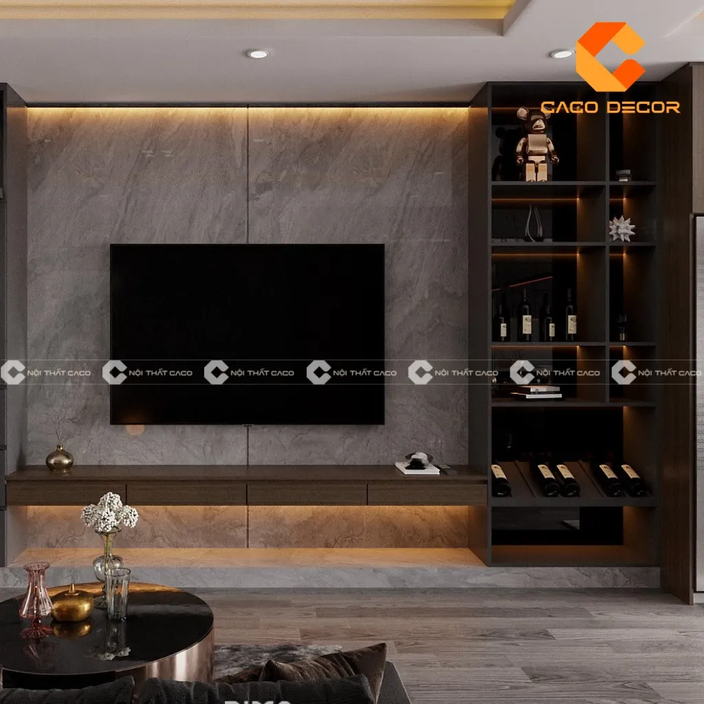 Nhân viên kỹ thuật tiến hành lắp đặt kệ tivi treo tường tại công trình thực tế