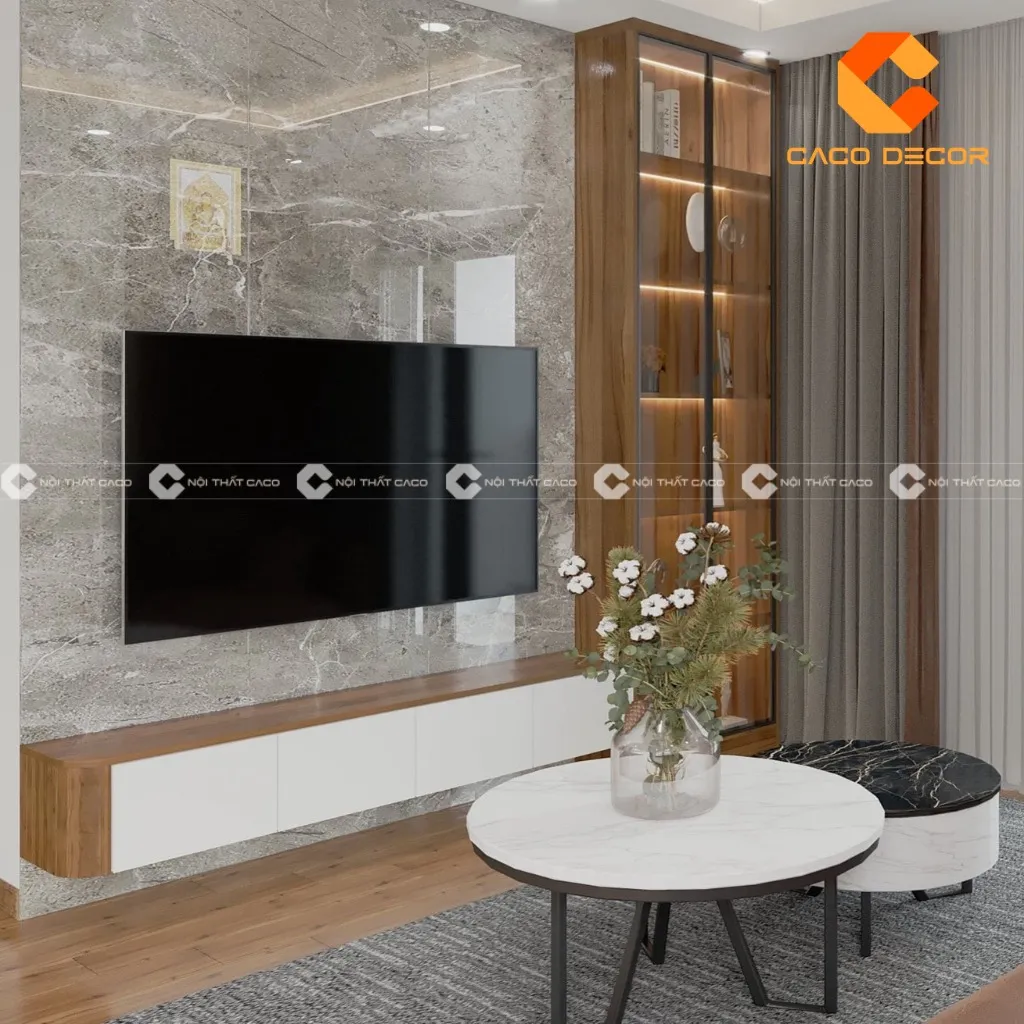 Sự kết hợp hoàn hảo giữa kệ tivi treo tường và không gian phòng khách sang trọng