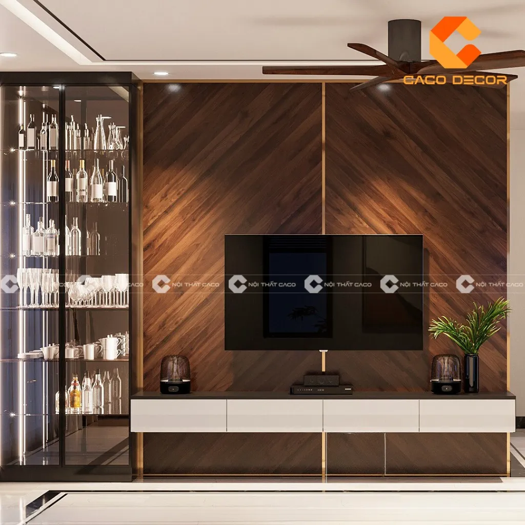 Mẫu thiết kế kệ tivi treo tường kết hợp tủ rượu sang trọng và đẳng cấp
