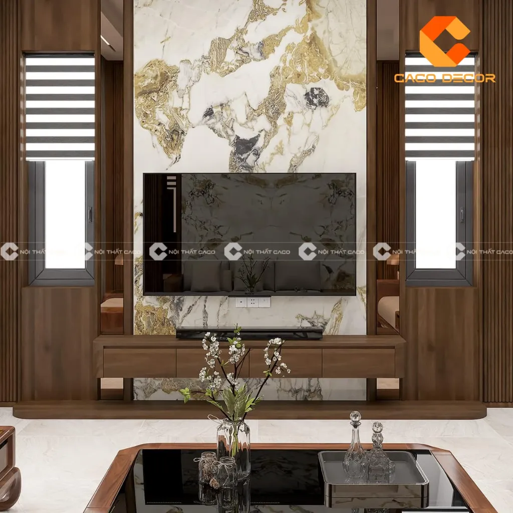 Thiết kế kệ tivi treo tường màu gỗ tự nhiên mang lại cảm giác ấm cúng