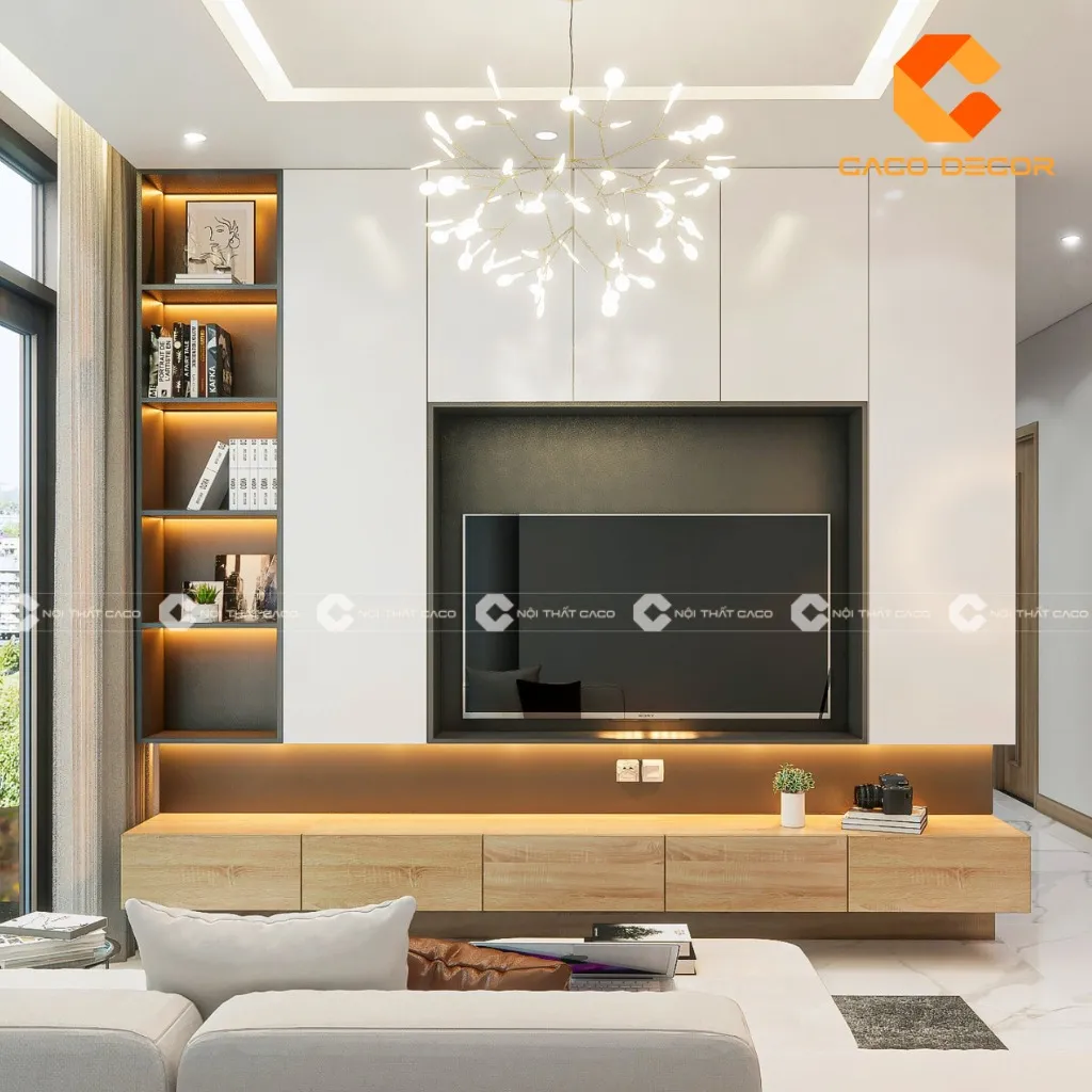 Thiết kế kệ tivi treo tường với gam màu trắng thanh lịch cho không gian nhỏ
