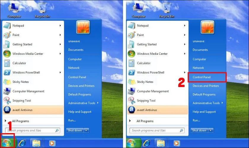 Truy cập Control Panel từ Start Menu trên Windows 7
