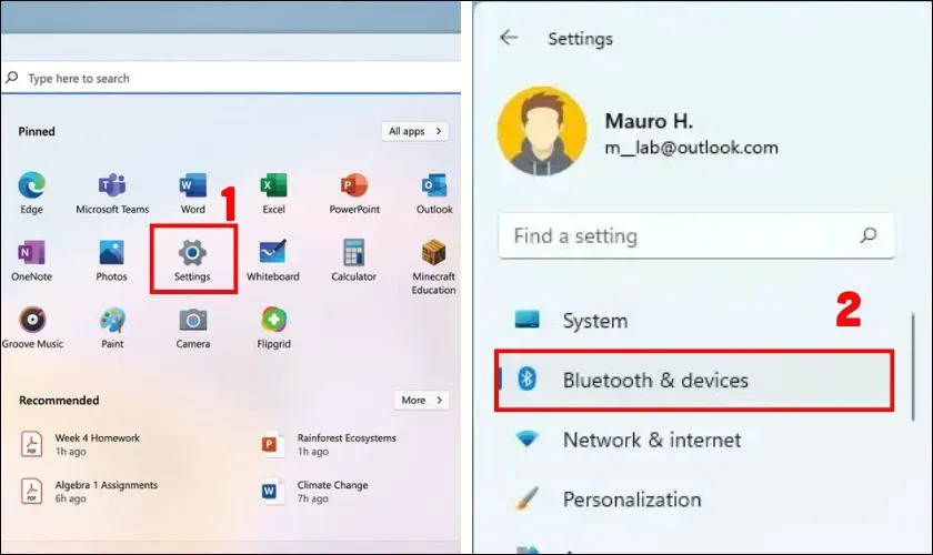 Truy cập Settings và chọn Bluetooth & Devices trên giao diện Windows 11