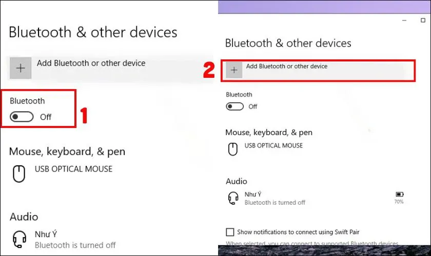 Bật công tắc Bluetooth sang trạng thái On để máy tính bắt đầu dò sóng