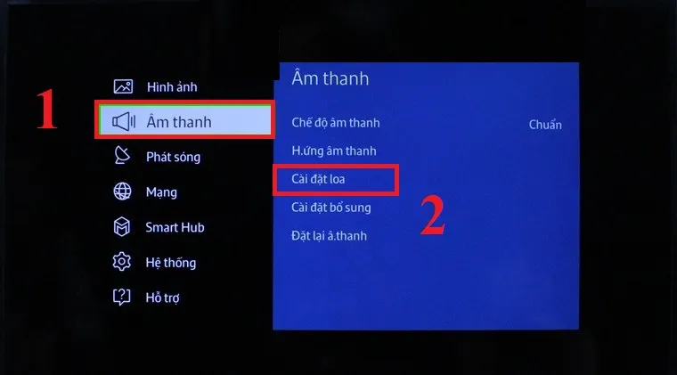 Truy cập Menu chọn Âm thanh rồi chọn Cài đặt loa trên tivi