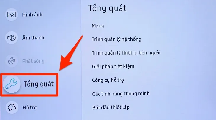 Giao diện chọn mục tổng quát trên tivi Samsung để quản lý kết nối