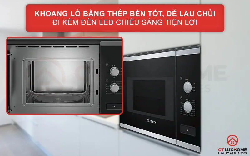 Khoang lò thép phủ men trắng, đèn LED chiếu sáng