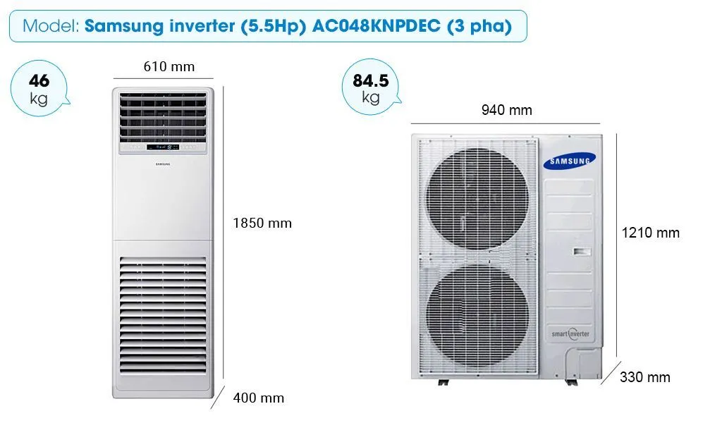 Kích thước máy lạnh tủ đứng Samsung 5hp Inverter AC048KNPDEC 3 pha
