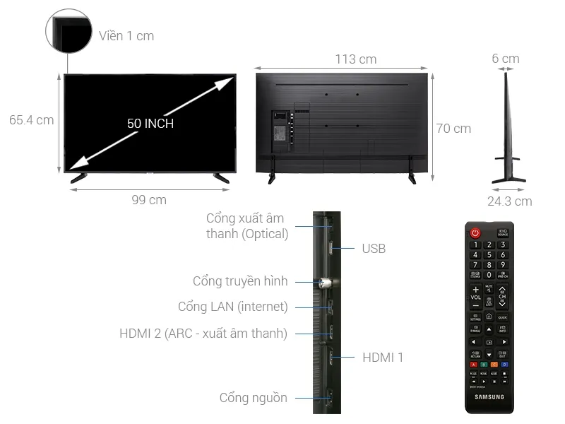 Kích thước Smart Tivi Samsung 4K 50 inch UA50NU7090