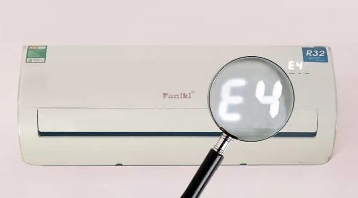 Màn hình remote điều hòa Funiki hiển thị mã lỗi E4 khi cảm biến nhiệt độ gặp sự cố