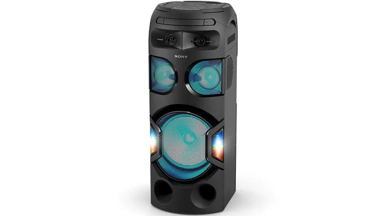 Thiết kế mặt chính diện của hệ thống loa Sony công suất cao tích hợp đèn LED đổi màu