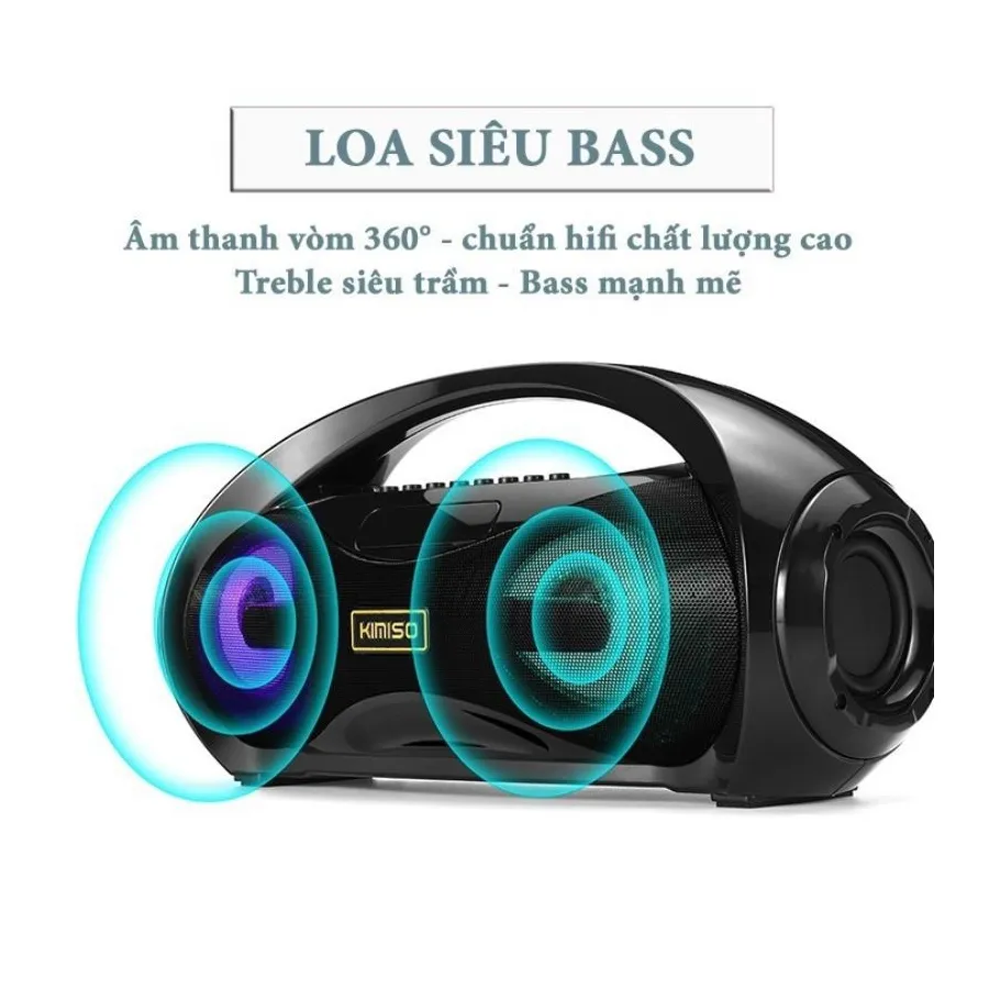 Cận cảnh mặt trước loa bluetooth Kimiso KM S2 với hệ thống đèn LED và màng loa trung tâm