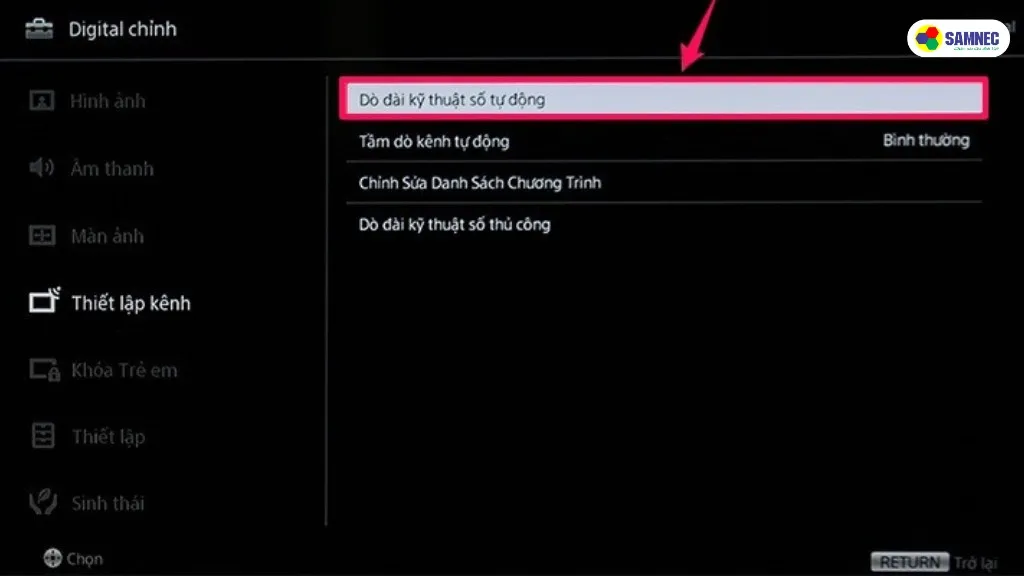 Dò lại kênh cho tivi Sony