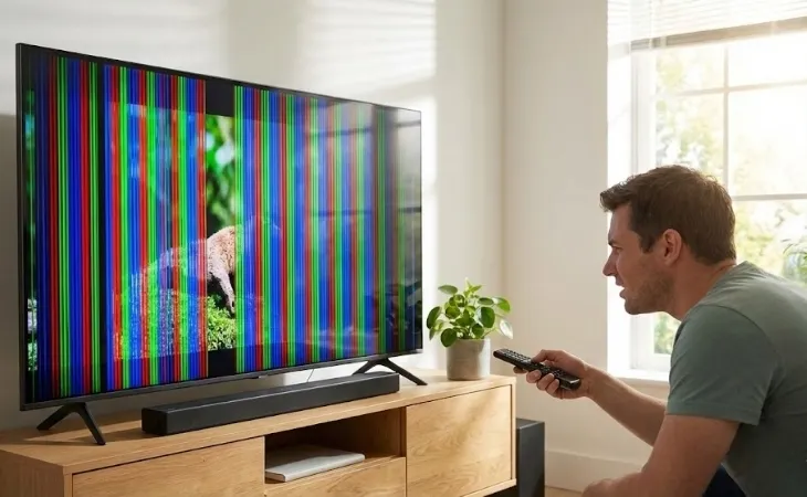 Tivi tình trạng sọc màn hình, có thể tivi bị nhiễu sóng bởi các thiết bị gần đó, dẫn đến tình trạng sọc màn hình xảy ra trên tivi