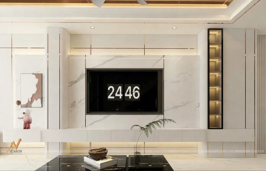 Mẫu trang trí tường treo tivi phòng khách theo phong cách hiện đại