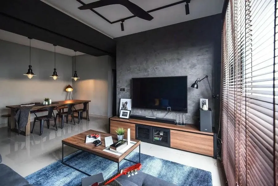 Mẫu trang trí tường treo tivi phòng khách theo phong cách industrial