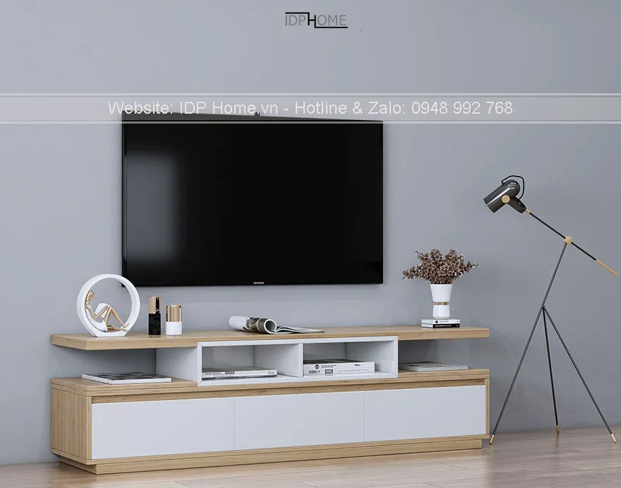 Góc nhìn nghiêng của mẫu tủ để tivi phòng khách thể hiện độ hoàn thiện bề mặt mịn màng