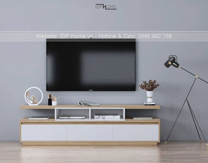 Mẫu tủ để tivi phòng khách với thiết kế đơn giản và màu sắc trung tính sang trọng