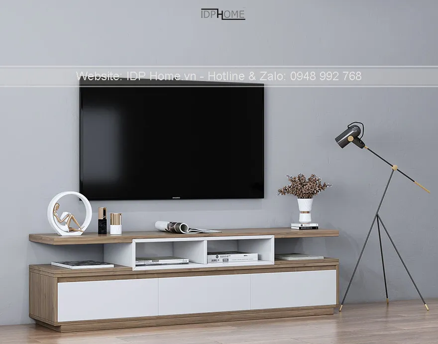 Chi tiết các ngăn kéo rộng rãi của mẫu tủ để tivi phòng khách giúp lưu trữ đồ dùng gọn gàng