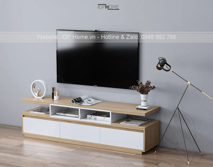 Toàn cảnh không gian phòng khách hiện đại khi kết hợp cùng mẫu tủ để tivi gỗ MDF