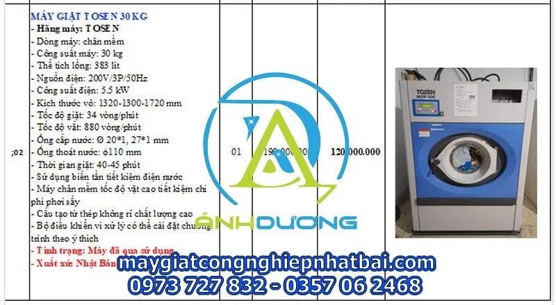 Máy giặt chăn công nghiệp Tosen 30kg hiệu suất cao