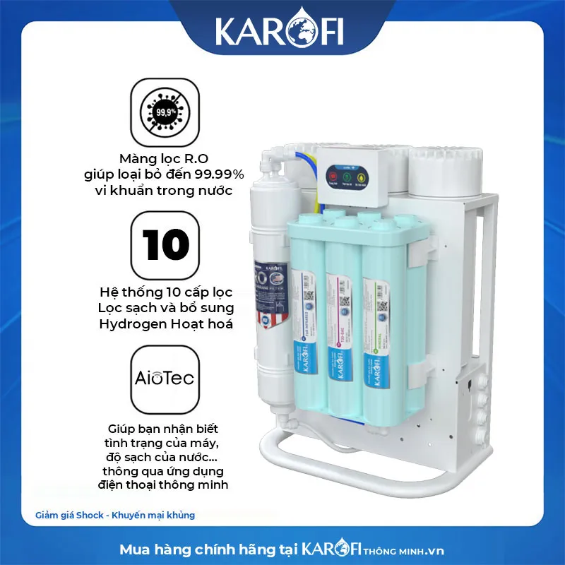 Máy lọc nước Karofi KAQ-U95 - Thông minh 10 lõi Hydrogen - Cao Cấp