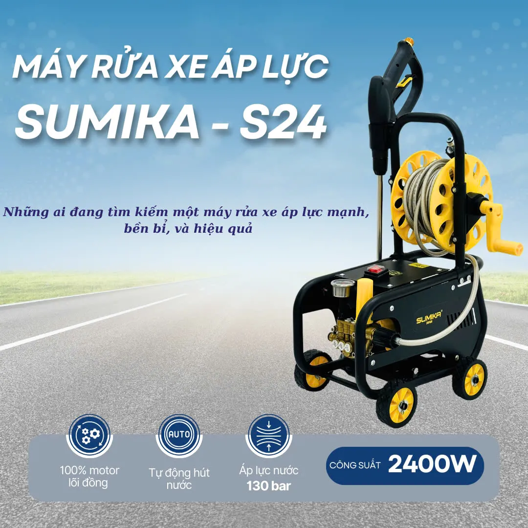 Máy rửa xe áp lực cao SUMIKA S24 với thiết kế 4 bánh xe di động