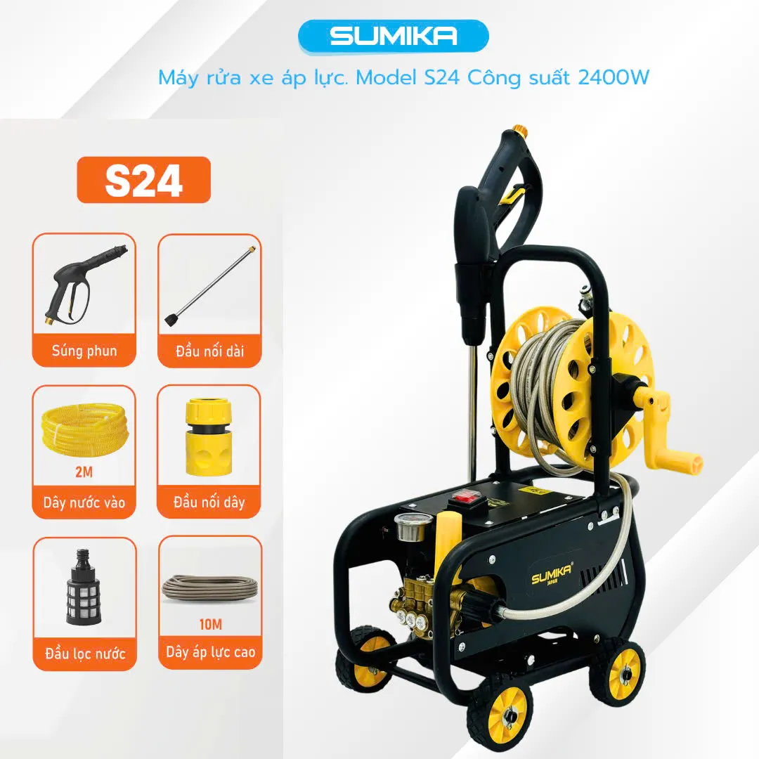 Toàn bộ phụ kiện đi kèm máy rửa xe SUMIKA S24