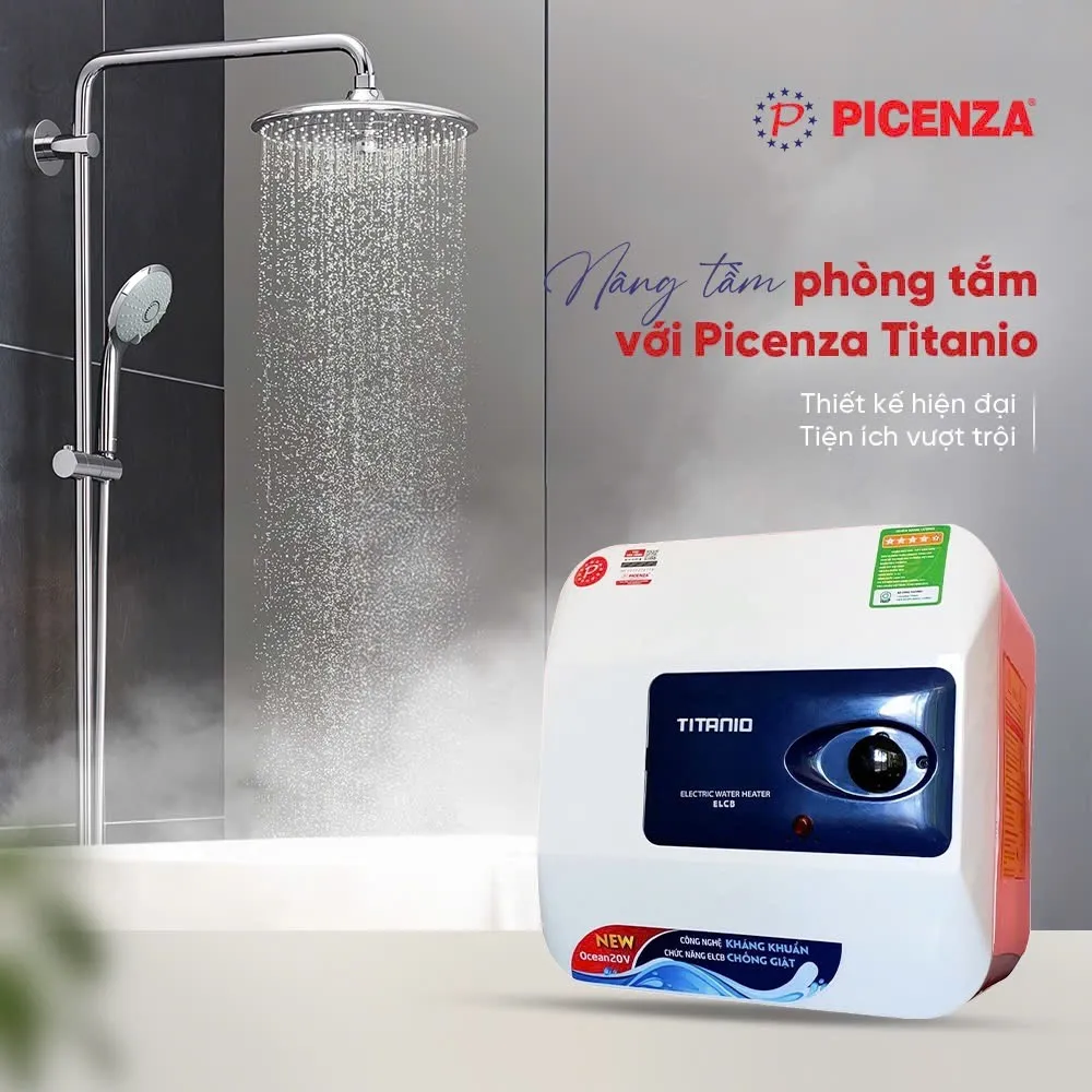 Bình nóng lạnh 15 lít Picenza T15V thiết kế vuông tiết kiệm không gian