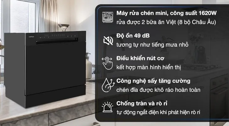 Máy rửa chén mini Hafele HDW-T5531B (538.21.350) rửa được số lượng chén bát dùng cho khoảng 2 bữa ăn người Việt