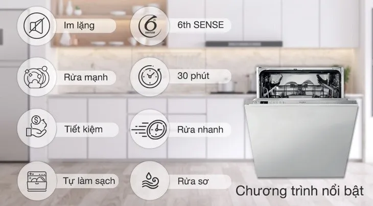 Máy rửa chén âm tủ Whirlpool WIO 3T133P trang bị nhiều chương trình với công suất hoạt động mạnh mẽ