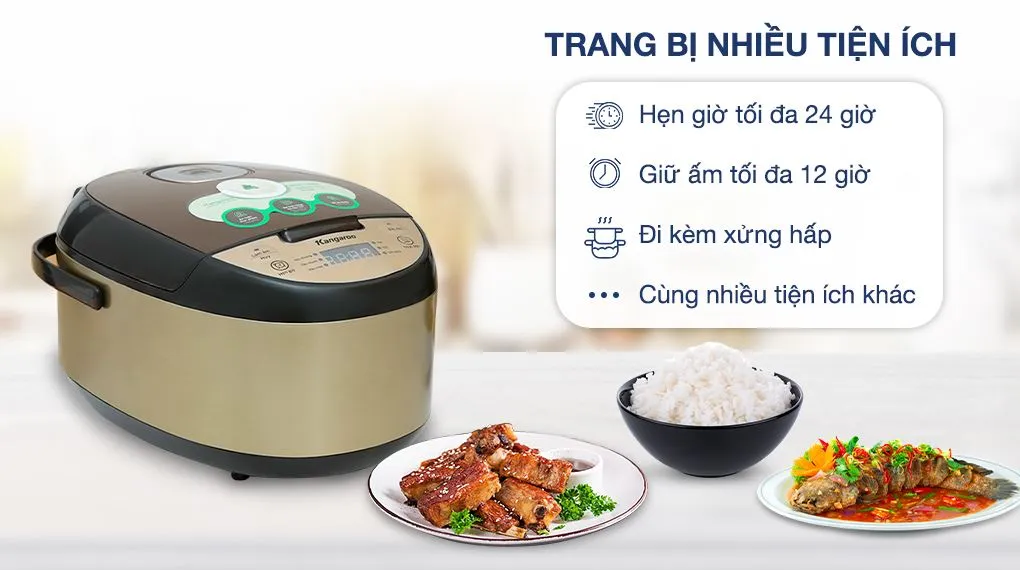 Phụ kiện gồm cốc đong, muỗng cơm và xửng hấp