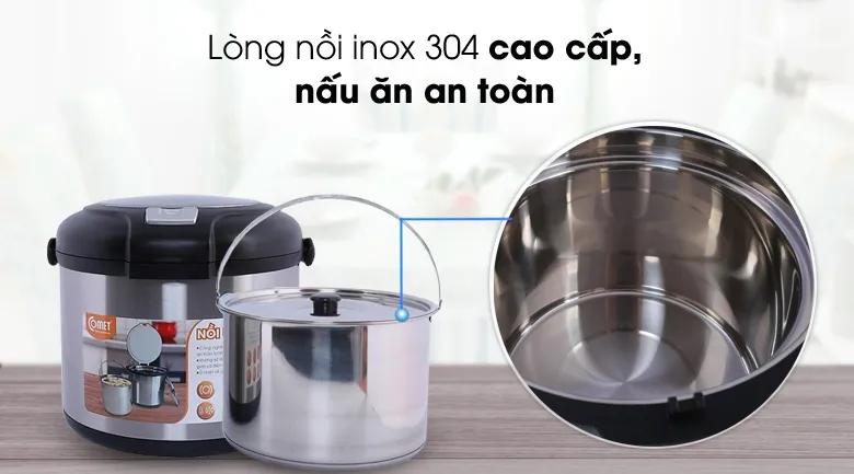 Lòng nồi inox 304 cao cấp, dùng được trên nhiều loại bếp, bền bỉ và tiện lợi cho người dùng