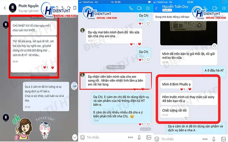 Một phản hồi khác của khách hàng về dịch vụ sửa tivi tại Hệ Thống Điện Tử HT