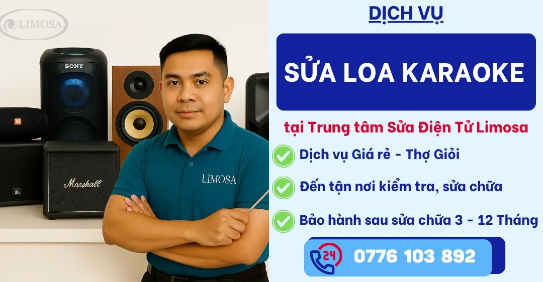Kỹ thuật viên đang kiểm tra và sửa loa karaoke tại nhà cho khách hàng
