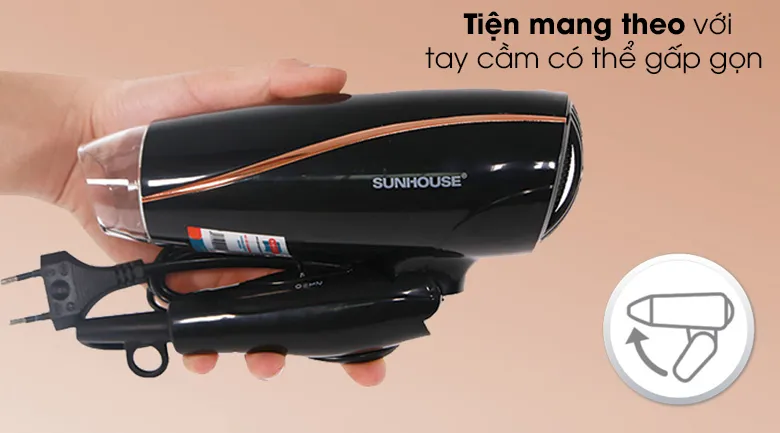 Máy sấy tóc Sunhouse SHD2306 có tay cầm gấp gọn giúp bảo quản dễ dàng hơn theo đúng sơ đồ nguyên lý máy sấy tóc gọn nhẹ.